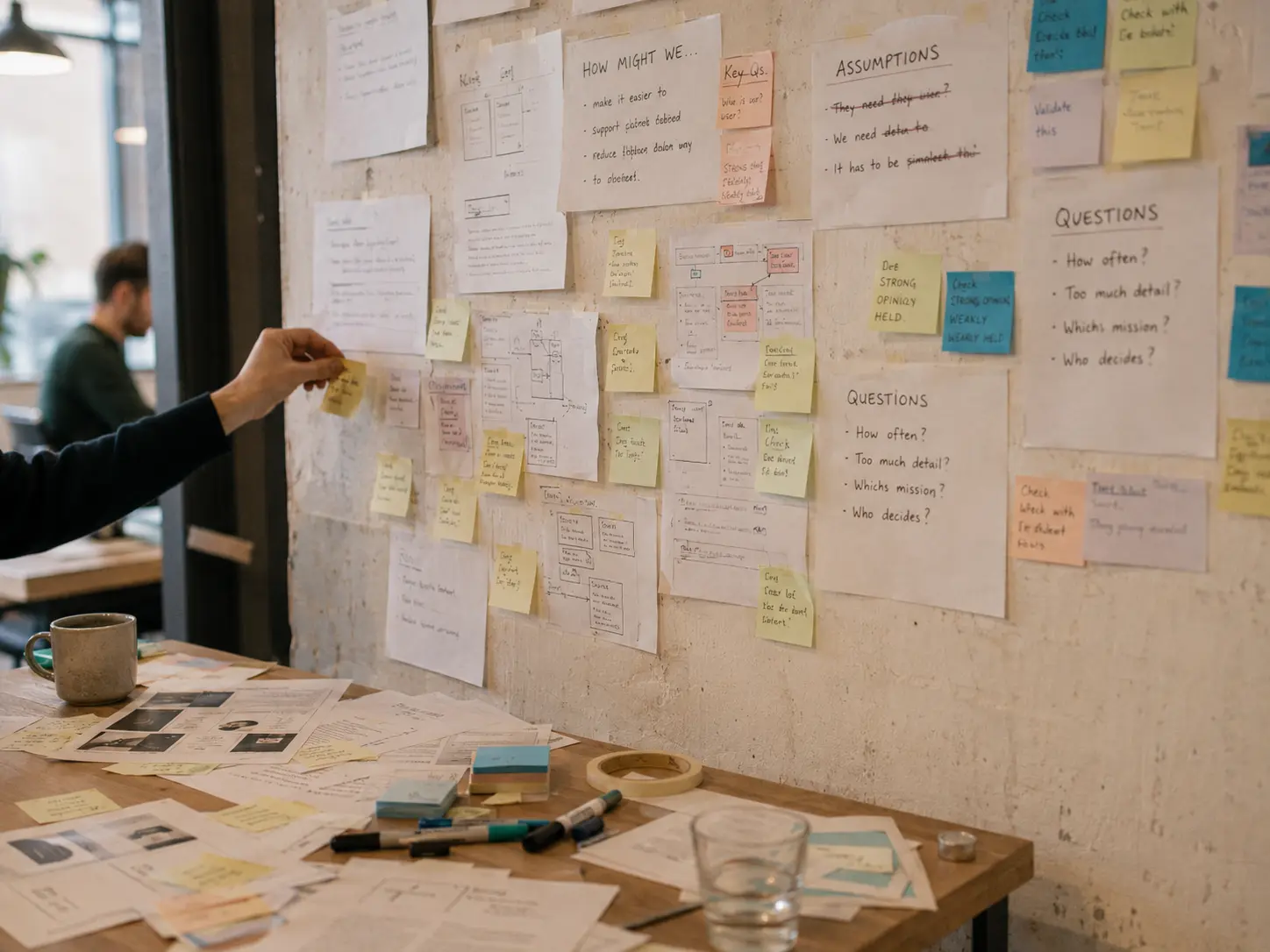 A hand arranging notes on a working wall filled with questions, assumptions, sketches, and early ideas.